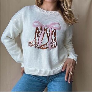 New with tags! Pink Bow and Cowgirl Boots Knit Sweater Ivory Medium M